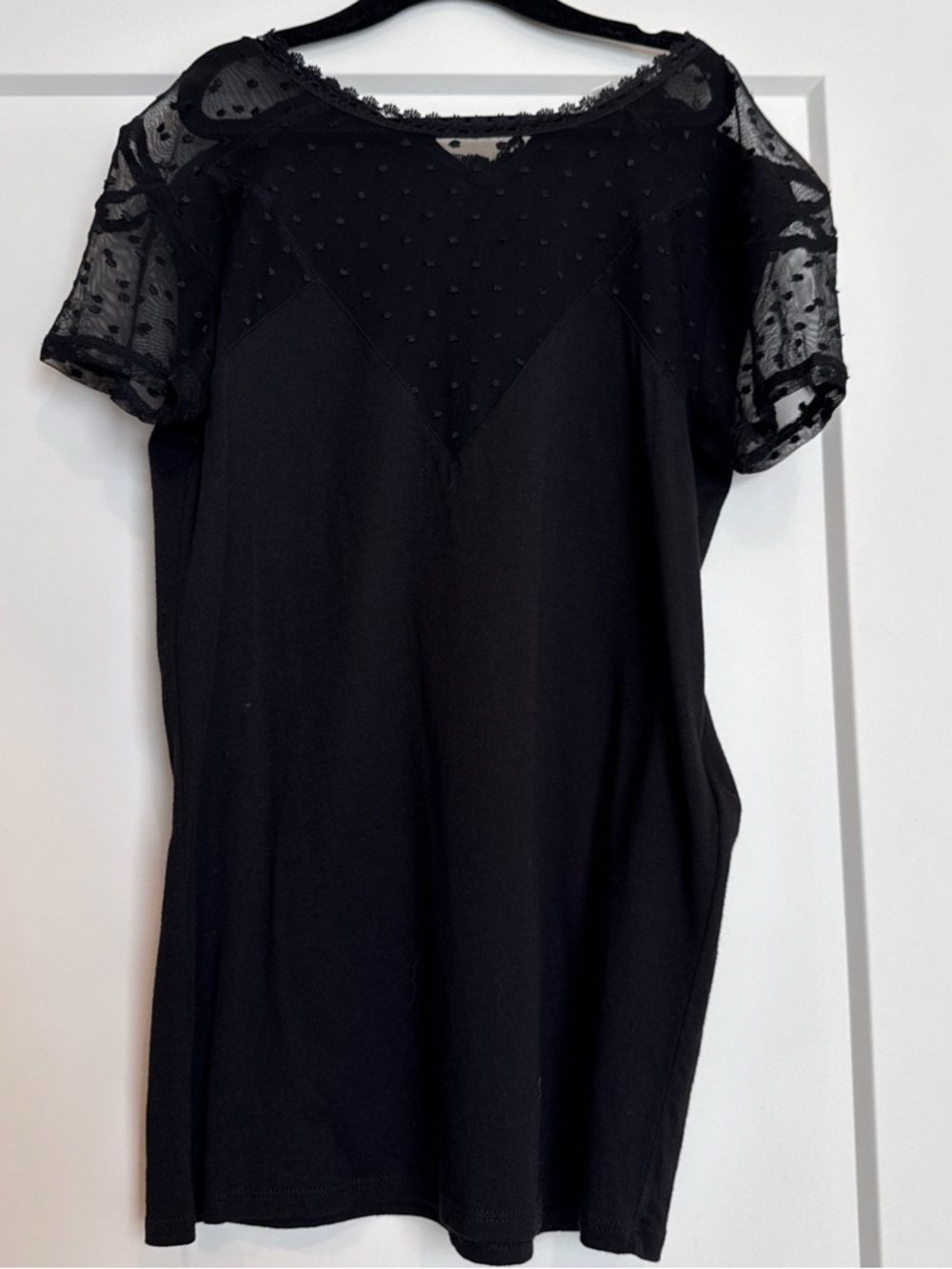 Maje Black Short Sleeve Top with Sheer Dotted Yoke